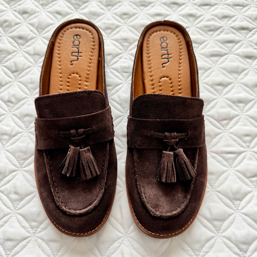 Earth Everett Suede Leather Mules Slip-on Loafer Shoes Tassels Sz 7